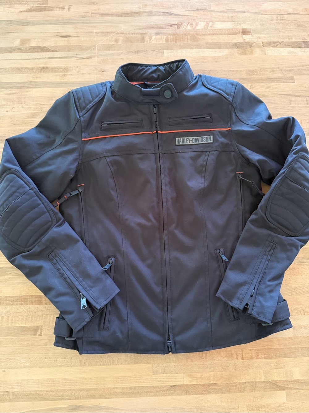 NWT Harley-Davidson Black Jacket with Orange Trim & Backpack Feature